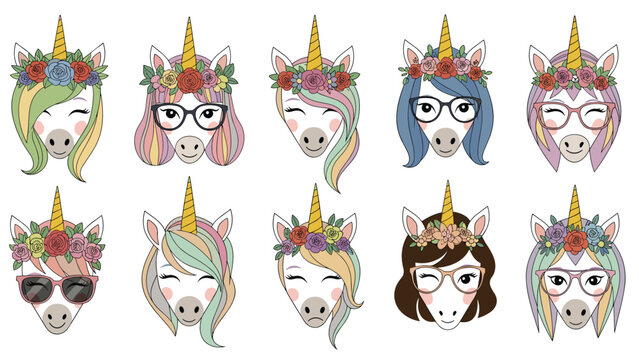 Collection of cute unicorn heads with colorful hair wearing floral crowns, glasses, and sunglasses in a whimsical cartoon style.