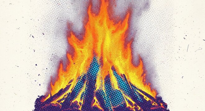 Vibrant pop art campfire illustration with halftone dots and colorful flames on white paper