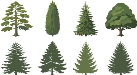 Fototapeta premium Pixelated and Silhouette Illustrations of Eight Different Types of Trees nature forest