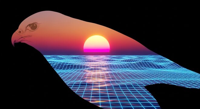 Double exposure falcon silhouette featuring retrowave sunset over digital ocean wireframe art