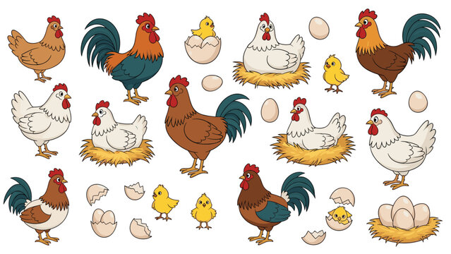 Collection of farm birds including hens, roosters, chicks, nests, and eggs in various poses in a friendly cartoon style.