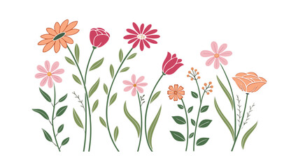 A collection of colorful hand drawn floral elements featuring various blooming spring wildflowers