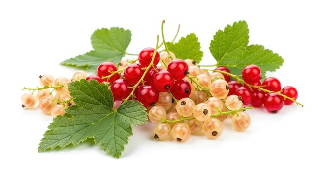 Fresh red and white currants with green leaves on white background.