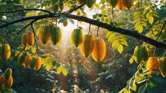 Serene Star fruit Branch Footage in Lush Tropical Canopy