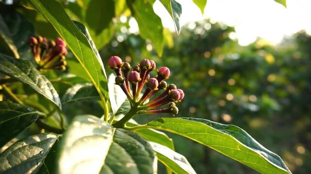 Clove Buds Close-Up in Vibrant Green Leaves Set in Natural Garden Footage
