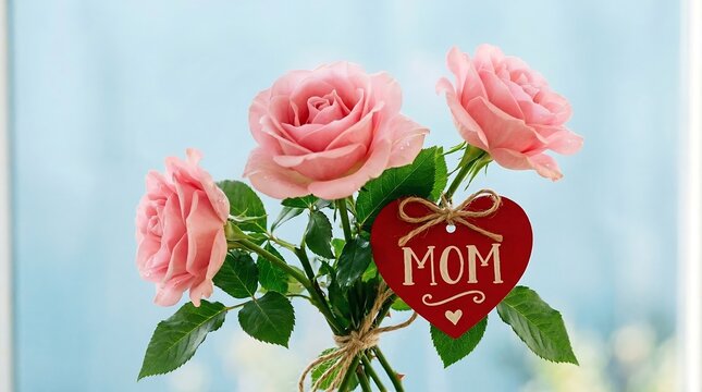 Pink Rose Bouquet with Heart Mom Tag