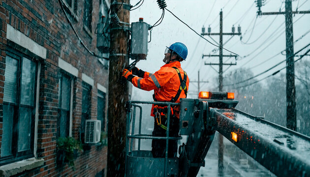 An electrician performs electrical installation work and electrical repairs outside.