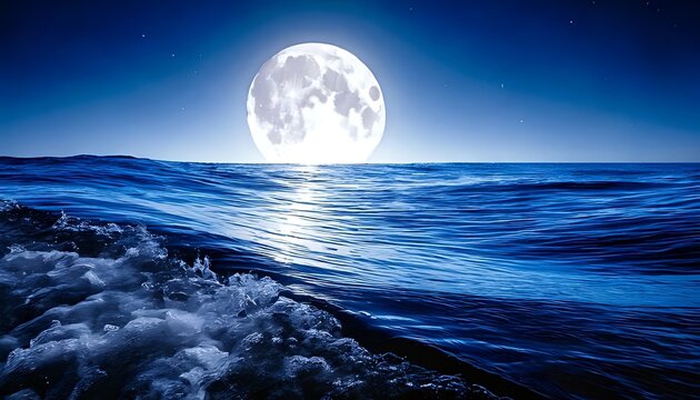 Ocean waves crash under a bright full moon, reflecting light on the water's surface; stars dot the inky night sky
