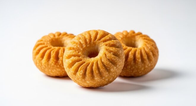 Three delicious Kazakh baursaks on a white background.