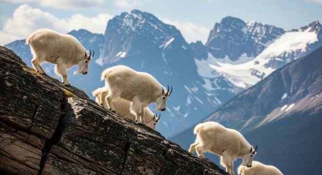Mountain Goats Climbing Rocky Mountain Slope.