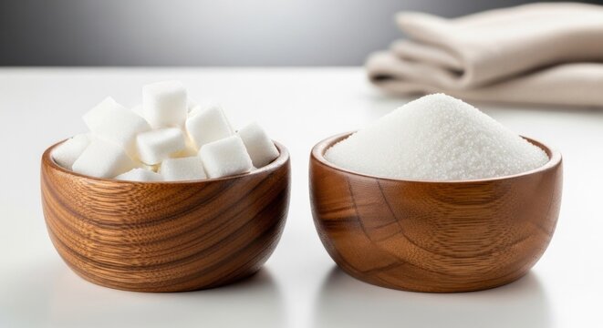 Two Bowls of Sugar Cubes and Granulated on White Table.