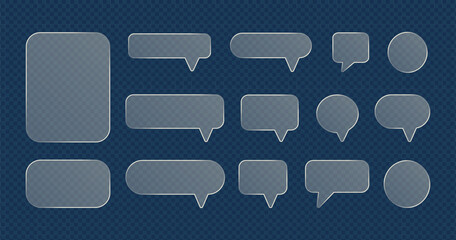 Transparent glass morphism speech bubbles set with glowing white borders. Blank chat boxes Liquid glass message banners for modern UI UX web and app design © sotejarts