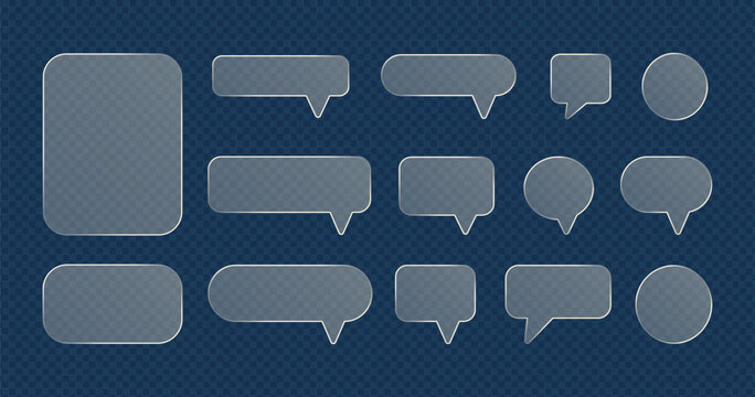 Transparent glass morphism speech bubbles set with glowing white borders. Blank chat boxes Liquid glass message banners for modern UI UX web and app design