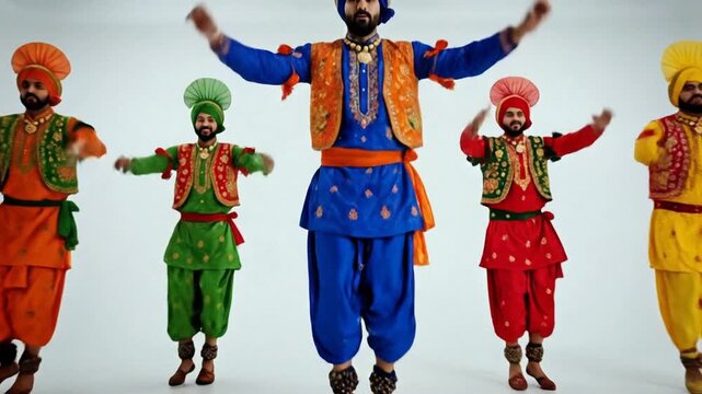 Five vibrant punjabi men in traditional attire energetically dance bhangra, celebrating baisakhi against a clean white studio background.