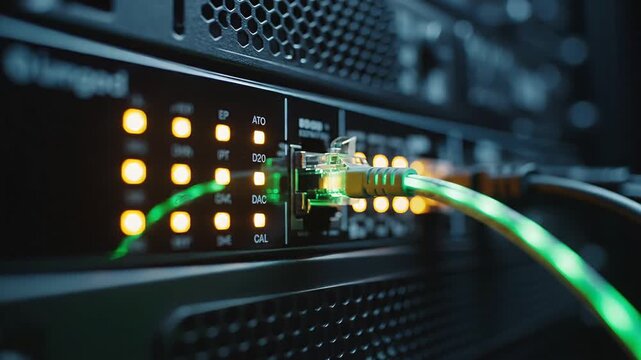 Close up of an ethernet cable transferring data in a server rack with blinking lights in a data center.