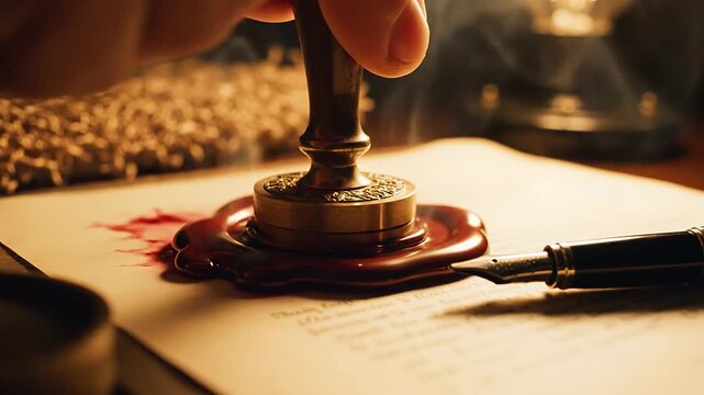 Cinematic close up of a hand pressing a wax seal stamp onto an old document on a desk.