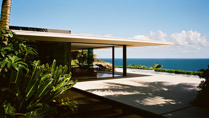 Fototapeta premium A modern vacation villa on the tropical ocean, beach view, resort villa.