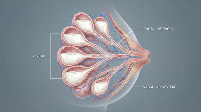 Detailed Internal Anatomy of a Breast with Alveoli, Ductal Network, and Vascular System