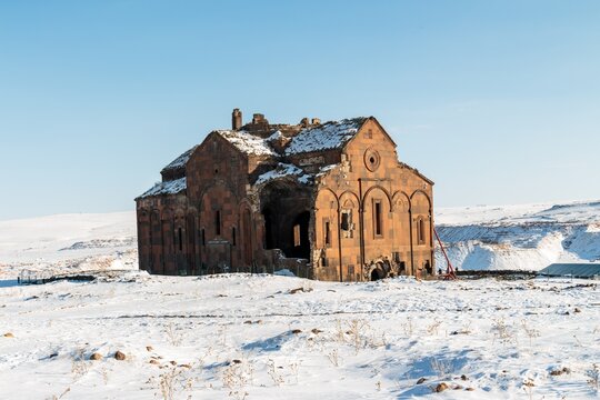 Ancient Ani Cathedral Ruins in Snowy Winter Landscape, Kars Turkey
