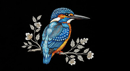 Obraz premium Kingfisher on branch with flowers embroidered isolated on a transparent background