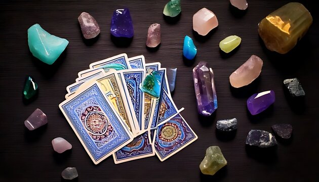 Flat lay of tarot cards fanned with assorted colorful crystals and gemstones scattered on a dark wooden surface