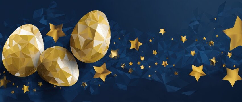 gold easter eggs and stars on a navy blue background banner