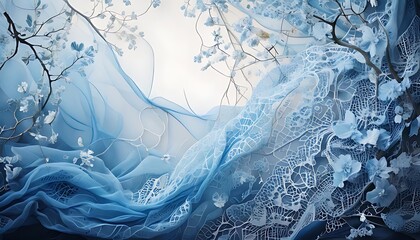 Naklejka premium Delicate blue fabric drapes and swirls, intertwined with frosted branches and delicate floral accents, creating an ethereal scene