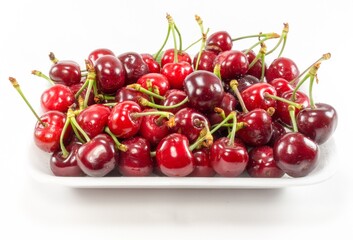 Fresh Red Cherries Piled on White Rectangular Plate