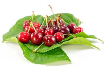Fresh Red Cherries with Water Drops on Green Leaves White Background