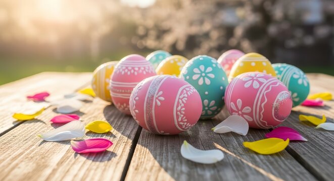 Colorful Painted Easter Eggs on Rustic Wooden Table in Sunlight