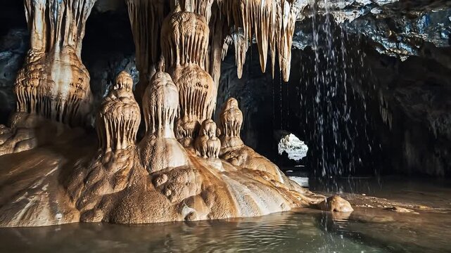 Stunning Cave Interior with Stalactites and Stalagmites and Flowing Water.
