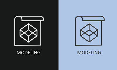 Minimalist 3D Modeling and Isometric Design Line Icon, Professional Architectural Blueprint, CAD Software Engineering, and Digital Prototyping Vector Illustration