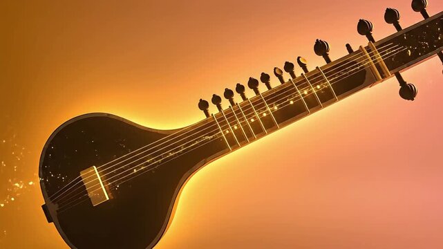 A musician plays a stringed instrument with intricate tuning pegs on a warm sunset background