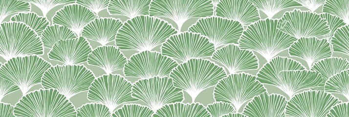 Fototapeta premium Seamless organic green plant leaf pattern background. Repeating pattern showing fan-like organic shapes representing leaves or scales in green