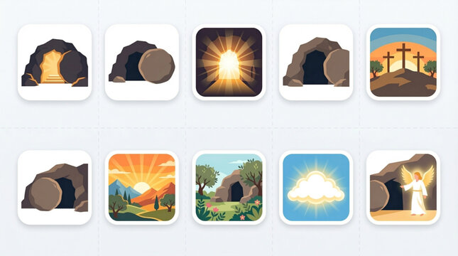 Empty Tomb Resurrection Icon Set &ndash; Easter Open Tomb and Rolled Stone Symbols