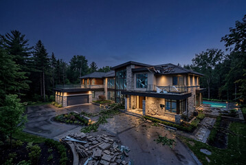 Fototapeta premium Modern luxury home facade showing subtle storm damage at night