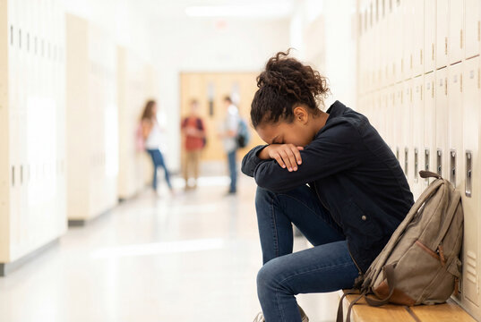 Sad and lonely teenage girl sitting alone on a bench in a high school hallway with her head down