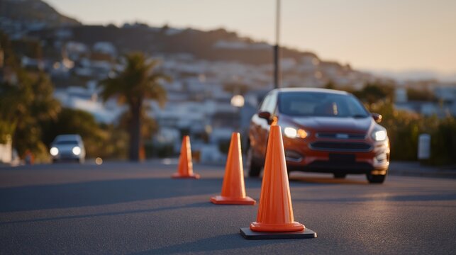 Teen driver successfully parallel parking on residential street while instructor claps, before-after orange cones showing progress, blue hour lighting, ideal for skill mastery, driving achievement,