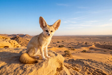 Fototapeta premium Fennec fox alert on golden sandstone rock in desert landscape