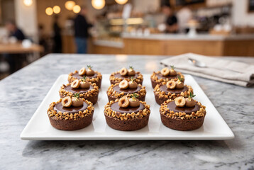 Hazelnut crusted mini desserts arranged on white plate in bakery