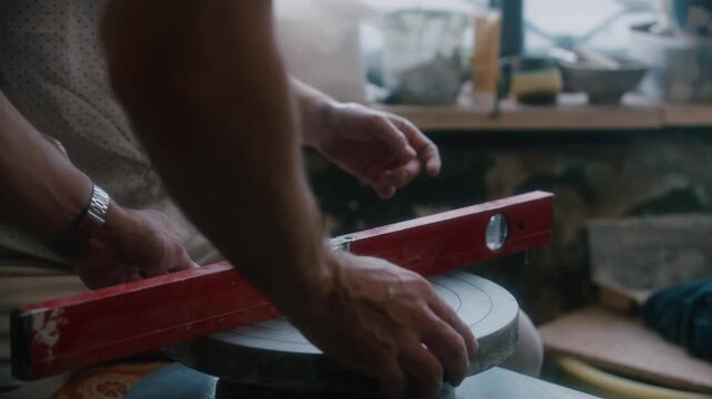 leveling a pottery wheel with a spirit level