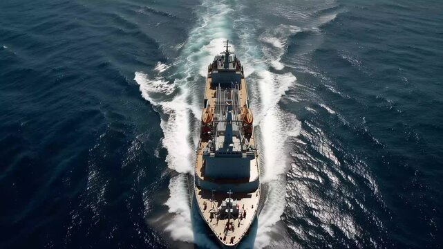 A powerful cargo ship navigates the deep blue ocean, leaving behind white frothy waves. The sun glimmers on the water, creating a tranquil and beautiful maritime experience.