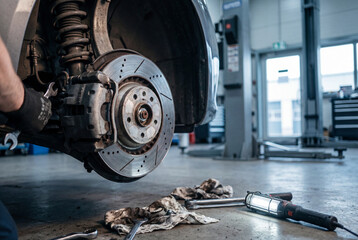 Close up of car disc brake assembly with gloved mechanic hand holding tool
