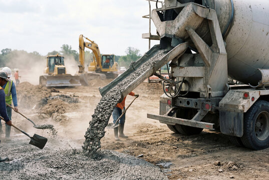 Wet concrete pouring from mixer truck chute onto ground at construction site