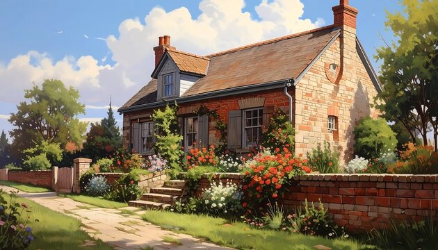 A charming rustic house with a garden and brick wall