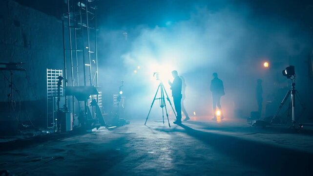 A team of filmmakers works under the moonlight in a dimly lit cityscape. Smoke swirls as they prepare for an exciting shoot, showcasing their dedication and artistic vision.
