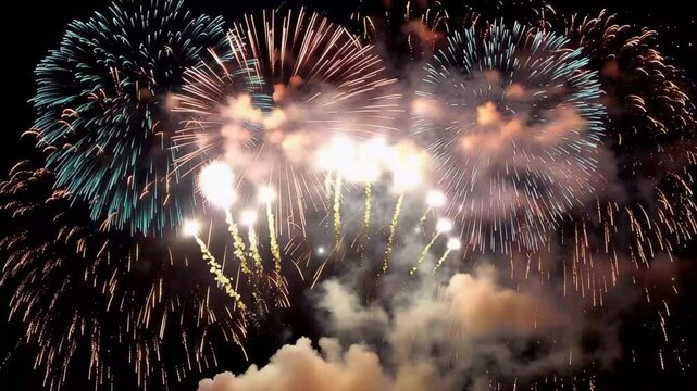 Colorful bursts of fireworks fill the night sky, creating a breathtaking spectacle. Laughter and joy echo as families and friends gather to admire this stunning celebration under the stars.