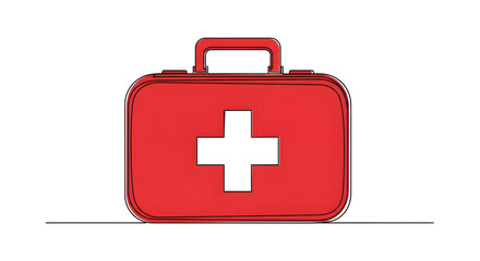 Fototapeta premium A red first aid kit with a white cross on the front and a handle on top sitting on a plain white back