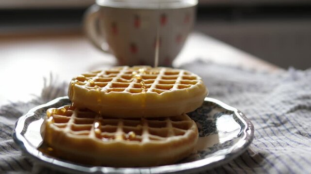Fresh Homemade Waffles with Honey Drizzle Cozy Breakfast Close Up