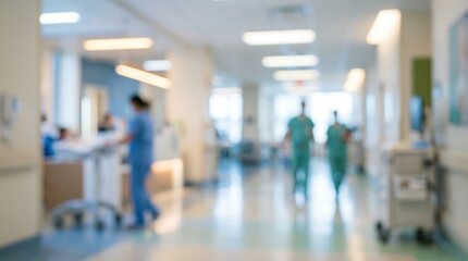 Fototapeta premium Blurred Modern Hospital Corridor with Healthcare Professionals